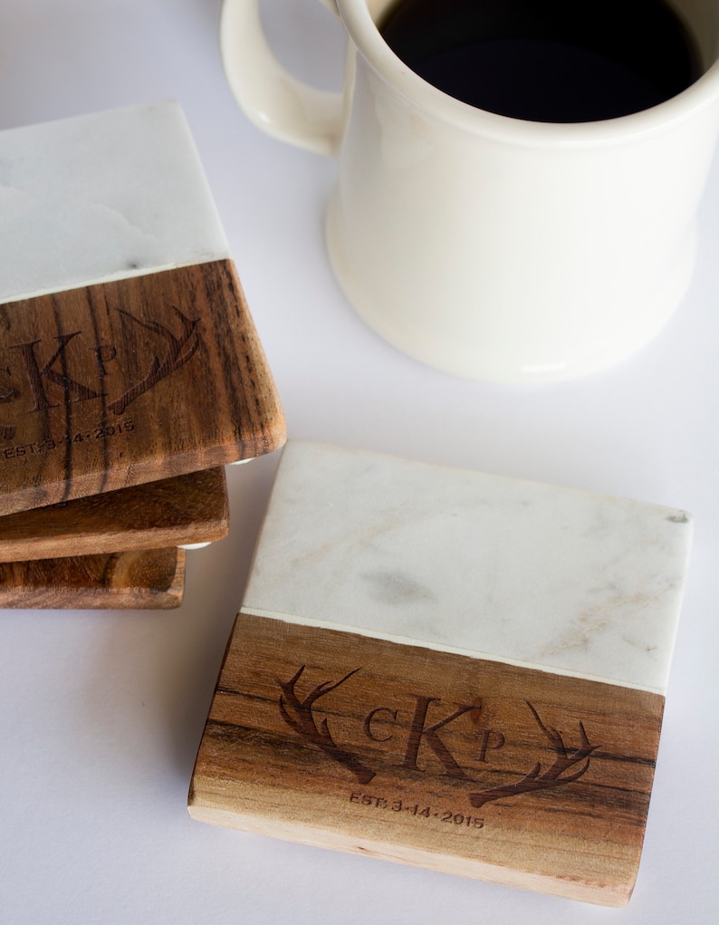 Marble and Wood Engraved Coaster Set Marble Coasters Etsy