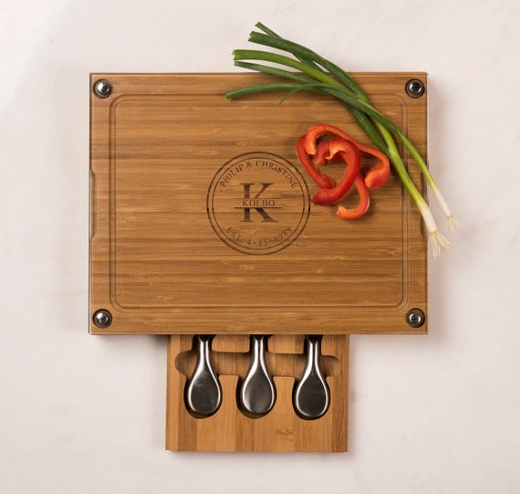 Personalized cutting board with 3 cheese tools