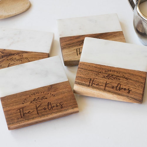 Custom Engraved Wood and Marble Coasters Personalized Etsy