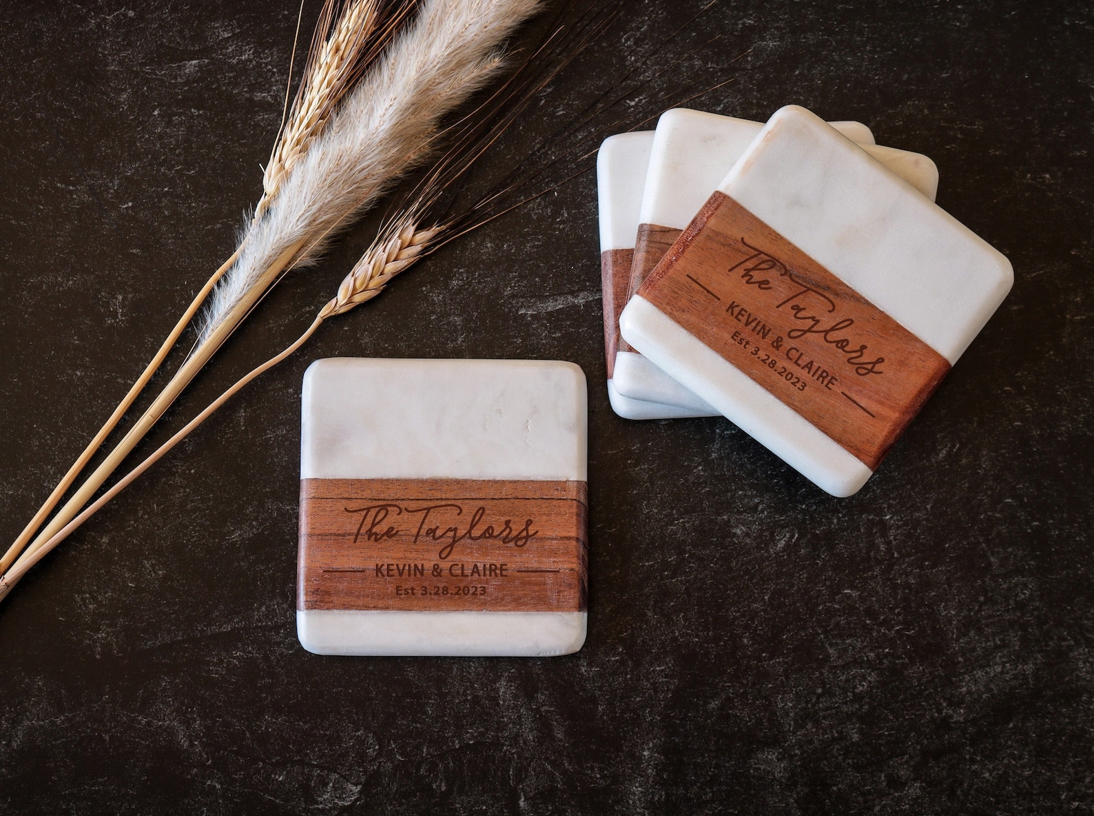 Marble and wood Engraved Coaster Set, Marble Coasters, Engraved Coasters, Personalized Coaster Set, Custom Coaster Set, Custom Wedding Gift - Set of 4, Elegant