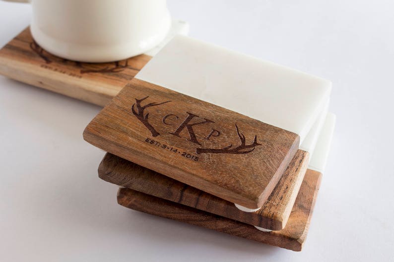 Marble and Wood Engraved Coaster Set Marble Coasters Etsy