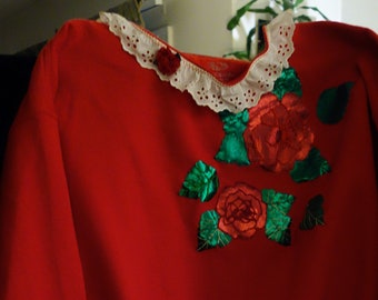 Red Roses and white lace trim on long sleeve fleece sweatshirt