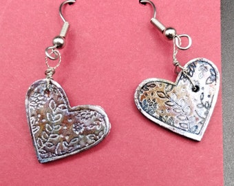 Wooden heart earrings- hand painted mixed media