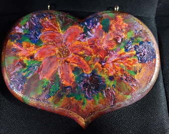Original Floral painting on Wooden Heart