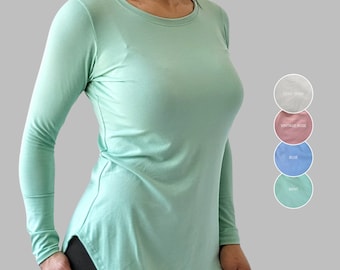 Long Sleeve Slim Fit T-shirt for Women, luxuriously soft lightweight bamboo jersey tee, spring summer pastel colour sustainable women's top