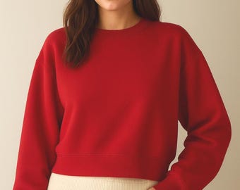 Bamboo Cotton Crop Fleece Sweater | RED