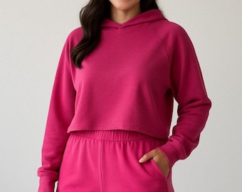 Oversized Hoodie Crop Sweatshirt | Bamboo French Terry | Raspberry