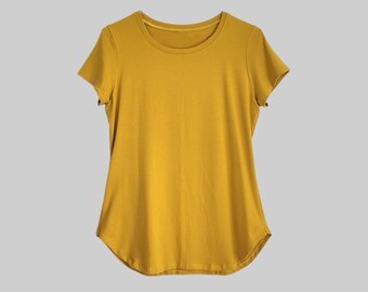 Bamboo Crew Neck Slim Fit T-Shirt Women's, Comfortable Mustard yellow tee, short cap sleeve womens fitted tshirt, Ready to Ship SALE