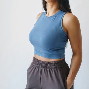Crew Neck Crop Tank Top Made in Canada Soft Sustainable Bamboo Shirt Light Breathable Crop Top Comfortable Spring Summer Capsule Wardrobe Blue