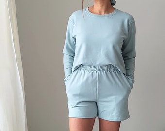 Luxury Bamboo French Terry Lounge SET | Powder Blue Highwaisted Short, Box Tee, Scrunchie | Sustainable Loungewear, Made in Canada