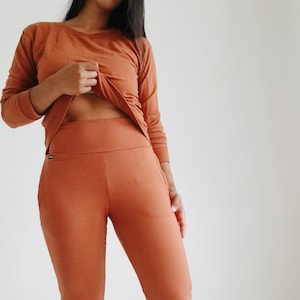 MIBABY High Waist Slim Fit Joggers | Soft Bamboo Leggings with side pockets | RTS size Large Terracotta Rust. Final Sale