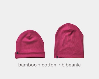 NEW Bamboo Cotton Rib Beanie | Super Stretchy & Luxuriously Soft | Gender-Neutral | Non-Toxic Fabric | RASPBERRY PINK