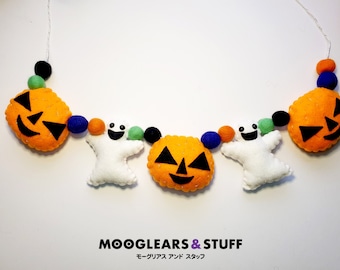 Pumpkin and Ghost Handmade Felt Embroidered Halloween Bunting, Halloween Garland, Halloween decoration, Felt banners, Spooky, Wall Hanging