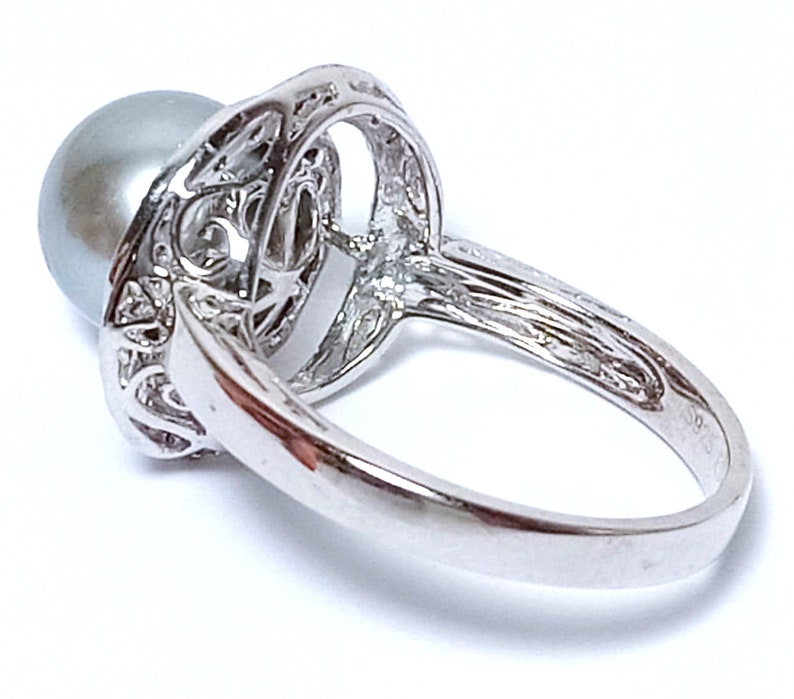 Art Deco 18K 14K 925 Silver 35 pcs Natural Sapphire Tahitian South Sea 9.5-10mm Cultured Round Natural Color Pearl Cocktail Ring