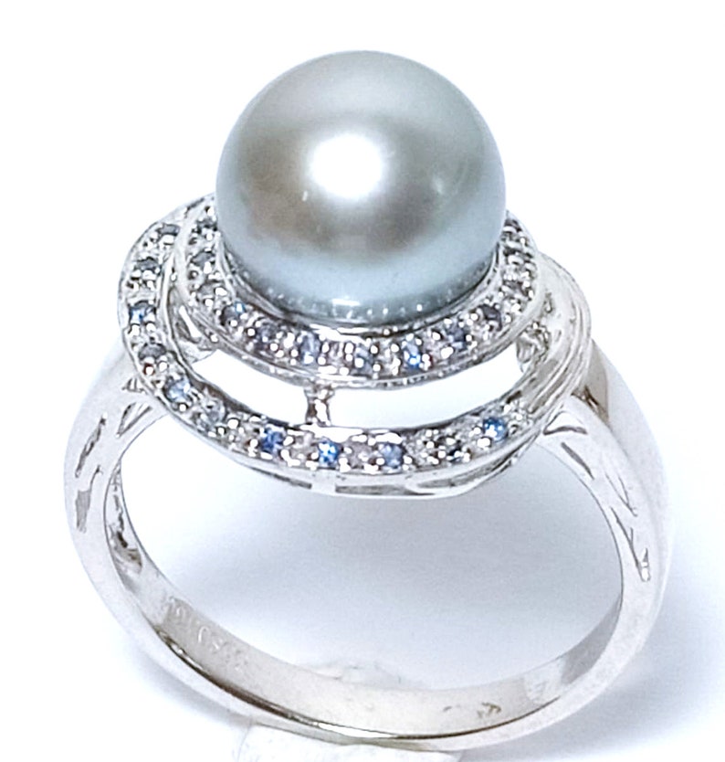 Art Deco 18K 14K 925 Silver 35 pcs Natural Sapphire Tahitian South Sea 9.5-10mm Cultured Round Natural Color Pearl Cocktail Ring