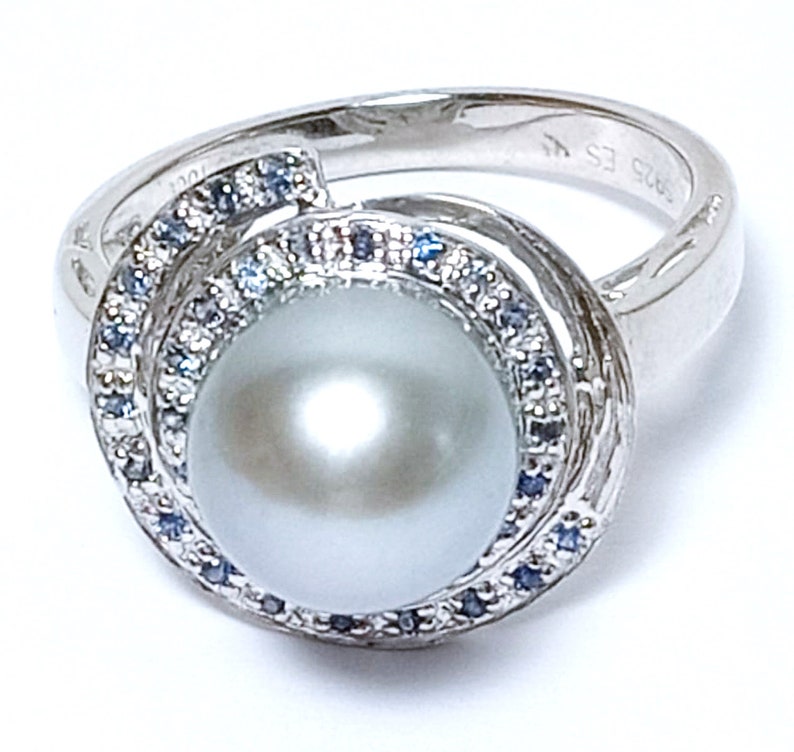 Art Deco 18K 14K 925 Silver 35 pcs Natural Sapphire Tahitian South Sea 9.5-10mm Cultured Round Natural Color Pearl Cocktail Ring