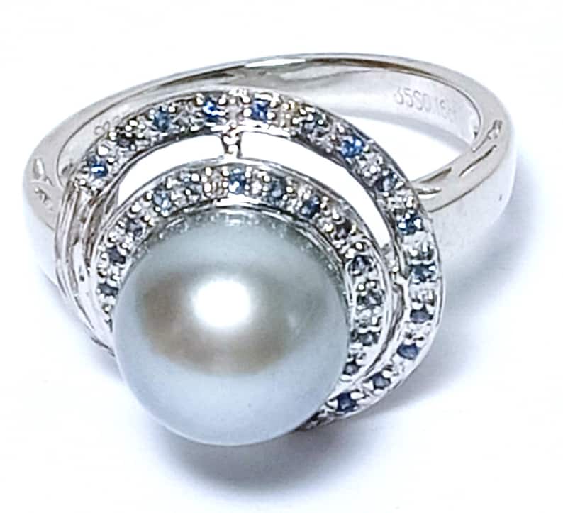 Art Deco 18K 14K 925 Silver 35 pcs Natural Sapphire Tahitian South Sea 9.5-10mm Cultured Round Natural Color Pearl Cocktail Ring