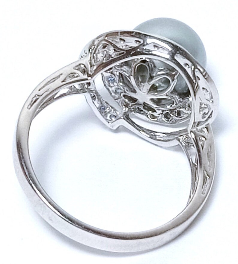 Art Deco 18K 14K 925 Silver 35 pcs Natural Sapphire Tahitian South Sea 9.5-10mm Cultured Round Natural Color Pearl Cocktail Ring