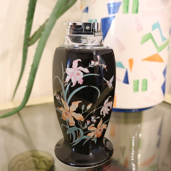 Japanese Black Porcelain Tabletop Lighter with Floral Pattern