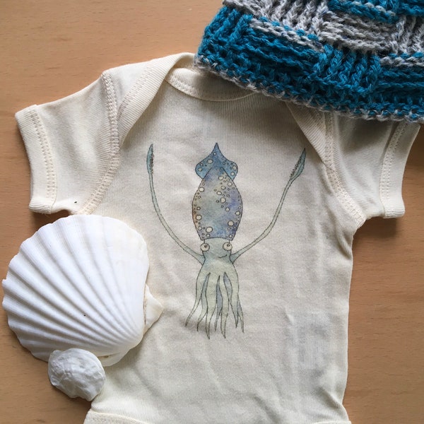 Blue Squid Off-White Cotton Onesie, Long and Short Sleeve Options, Funny Infant Bodysuit, Ocean Themed Onesie