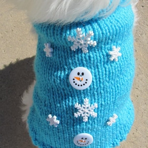 Small & Medium Dog Handknit Blue Snowman Snowflake Sweater, Winter Dog Blue Sweater, Winter Dog Clothing, Handmade Blue Dog Sweater