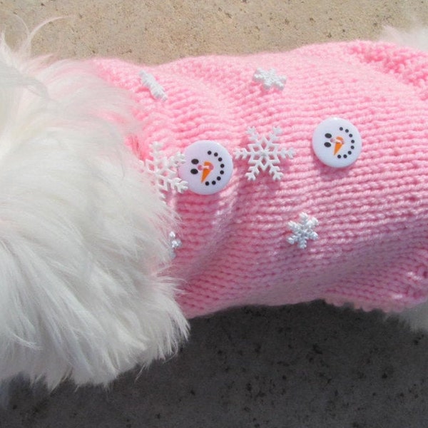 Small & Medium Dog Handknit Pink Snowflake Sweater, Pink Snowman Dog Sweater, Winter Dog Sweater, Handmade Holiday Pink Dog Sweater