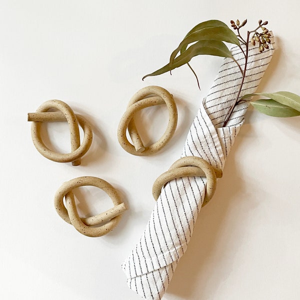 Handmade Stoneware Ceramic Knot, Ceramic Napkin Ring Set of 4  - Speckle