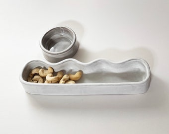 Handmade Ceramic Olive and Pit Dish Set, Pistachio Tray, Vanity Set - White and Grey