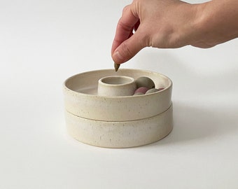 Handmade Ceramic Double Decker Pedestal Olive Bowl - Freckle White