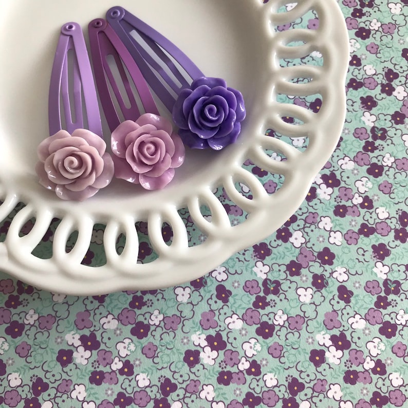 The Grace Collection \u2022 Rose Flower Snap Clip Hair Barrettes in Purple Trio