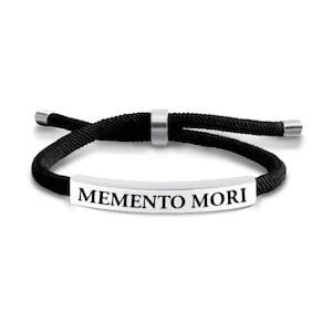 Memento Mori Braided Bracelet – Engraved Metal Plate Adjustable Cotton Band | Stoic Gifts for Men | Inspirational Wristband for Mindfulness