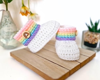 Rainbow Baby Crochet Booties, Handmade Gender Neutral Cuffed Baby Shoes, Newborn & Baby Shower Gift