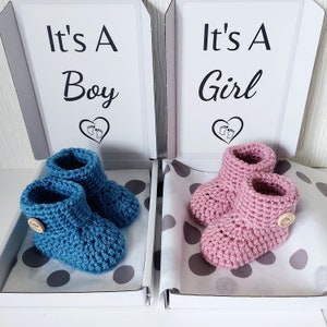 Baby Gender Reveal Announcement, It's A Boy Or It's A Girl, Handmade Crochet Booties, Personalised Baby Announcement to Family or Friends