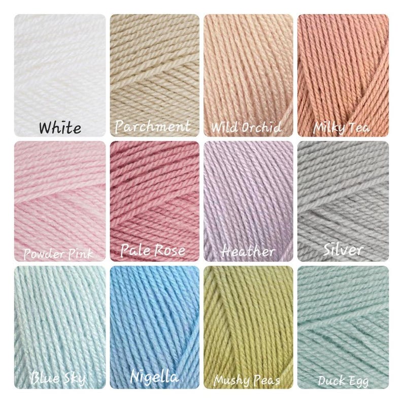Twelve carefully selected Stylecraft Special DK yarn colours for handmade crochet baby cardigans, hats and booties, featuring soft pink, blue, cream, green and neutral shades.