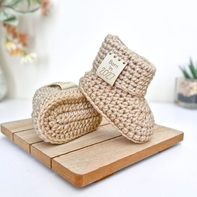 Born in 2026 2027 Baby Booties, Crochet Newborn Shoes, Handmade Infant Slippers, Baby Shower Gift, Pregnancy Announcement Keepsake Present image 6