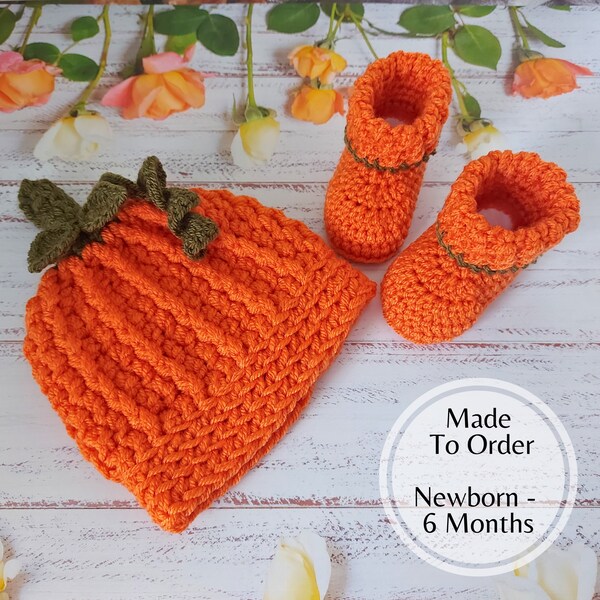 Crochet Pumpkin Hat And Bootie Set, Baby Shoes And Beanie, Halloween Costume, Baby Shower Gift Idea, Gender Neutral Clothing