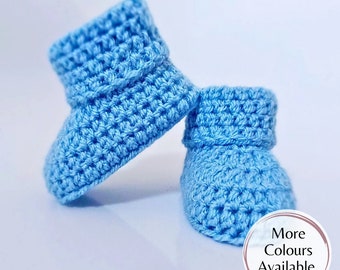 Crochet Baby Booties In Blue With A Folded Cuff, In Sizes Newborn 0-3 And 3-6 Months, Infant Shoes For Boys and Girls, Baby Shower Gift