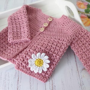 Handmade Crochet Baby Cardigan with Daisy, Newborn to 24 months, Toddler Knit Sweater, Newborn Gift Idea, Baby Girl Pink Coming Home Outfit