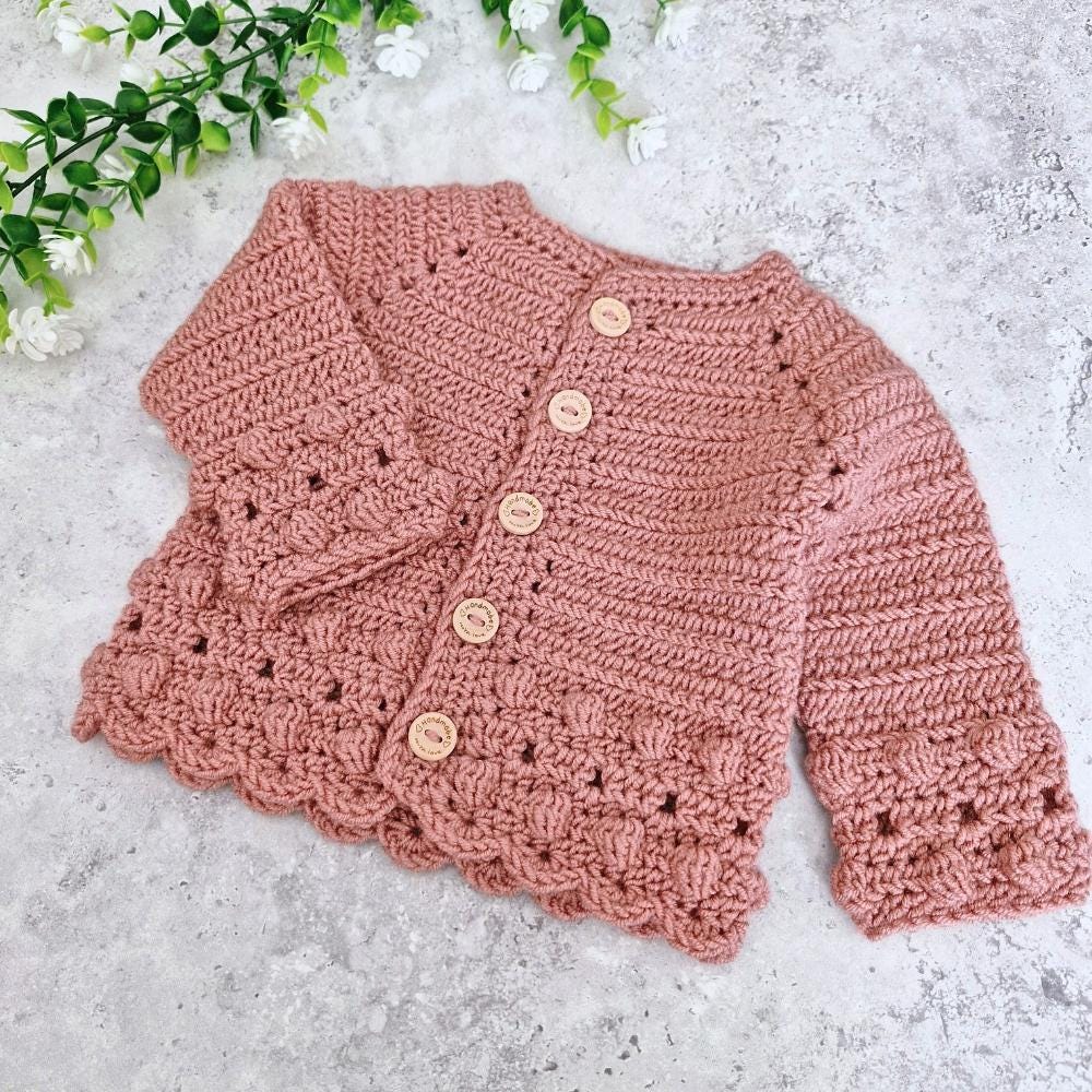 Handmade Crocheted Baby Girl Cardigan - Dusky Pink, Bobble Stitch, Wooden Buttons (0-3 Months)