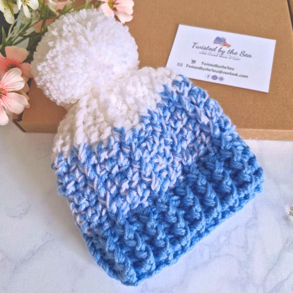 Crochet blue pom pom winter beanie hat handmade Handmade Crochet Blue Star Pom Pom Beanie Winter Hat Hat  main image 3