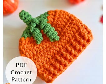 May include: An orange crochet hat with a green stem, resembling a pumpkin. The hat has a ribbed texture and is handmade. The text "PDF Crochet Pattern" is in a white circle on the lower left. Perfect for Halloween or fall.