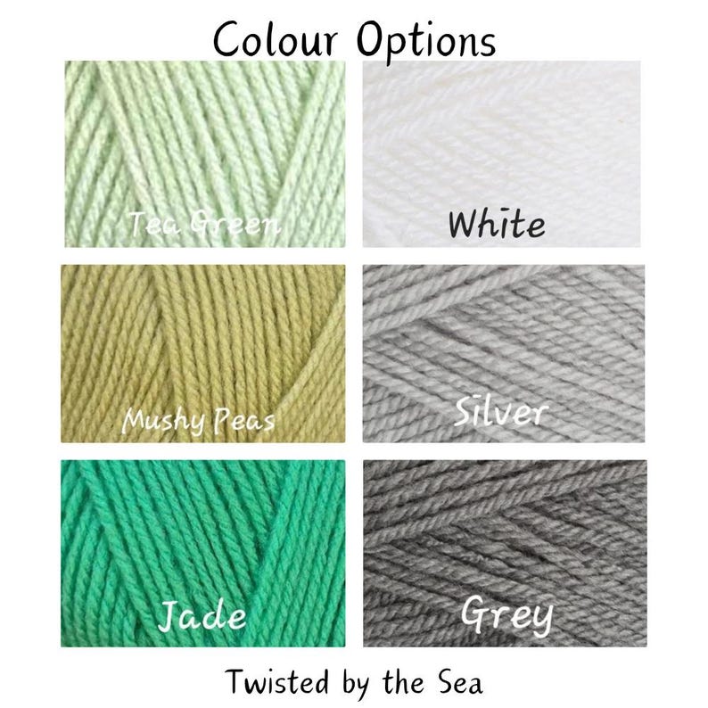 colours: tea green, white, mushy Peas, silver, jade and grey