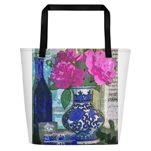 Rosa Pfingstrose Bouquet Strandtasche, Mottahedeh Chinoiserie Vase Pool Tasche, Sommerblüte botanische Druck Strand Tote, orientalische Ingwer Glas Boot Tasche