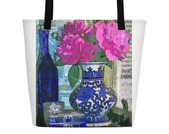 Pink peony bouquet beach bag, Mottahedeh chinoiserie vase pool bag, Summer blossom botanical print beach tote, Oriental ginger jar boat bag