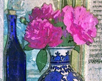 Roze pioenboeket digitale download, Chinoiserie-vaas direct afdrukbaar, Mottahedeh oosterse gemberpot botanische print, downloadbare kunst