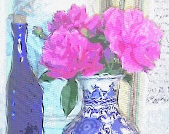 Pink peony bouquet downloadable prints, Oriental ginger jar digital, Mottahedeh chinoiserie vase flowers instant art, Botanical printable