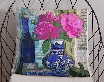 Chinoiserie vaas accent kussen, Roze pioen boeket gooien kussen, Ginger jar bolster kussen, Fuschia bloemen botanische print scatter kussen