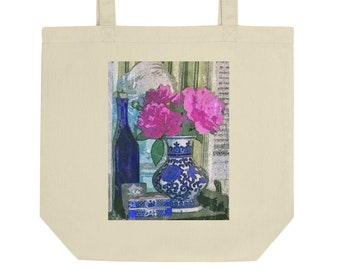 Roze pioen boeket boekentas, Mottahedeh chinoiserie vaas boerenmarkt tas, Fuschia zomerbloesem totebag, Oosterse gemberpot leraar tote