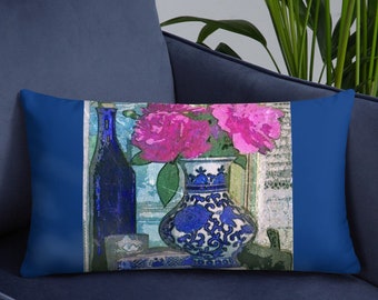 Pioenboeket bolster kussen, Gember pot nek kussen, Chinoiserie vaas lendenkussen, Mottahedeh Oosterse plaid, Fuschia bloemen, Botanische