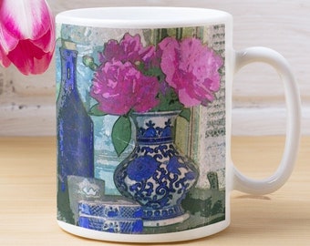 Mottahedeh gember pot koffiemok, Roze pioenboeket soep mok, Chinoiserie vaas theekopje, Oosterse botanische print cacao kopje, Zomer bloesems